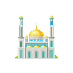 Arabic mosque with domes, Islam religion architecture vector building. Muslim house of prayer, Islamic temple or masjid with minarets, gold domes and crescents, isolated religious building