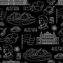 Vector seamless pattern with hand drawn national symbols of Austria on black color. Background for use in design