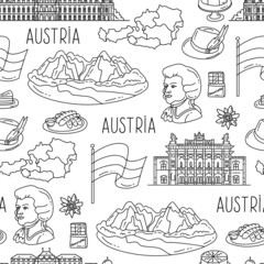 Vector seamless pattern with hand drawn national symbols of Austria on white color. Background for use in design