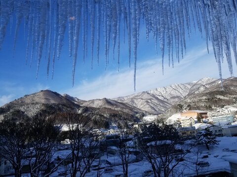 Icicles hand from Hotel Roof of Japanese Hot Springs Town Minakami Gunma Japan