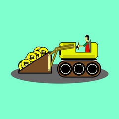 Vector illustration of person driving a tractor transporting BTC coins