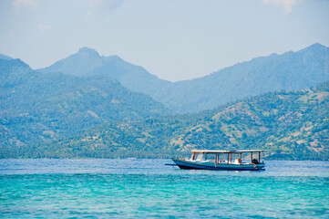 Traditional Indonesian Boat in the Gili Isles, Indonesia, Asia, background with copy space