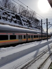 Snow Covered Train of Japanese Hot Springs Town Minakami Gunma Japan