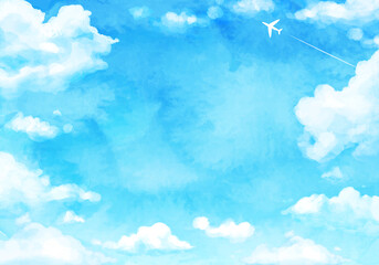 青空と飛行機雲と入道雲の水彩のベクターイラスト背景(コピースペース )