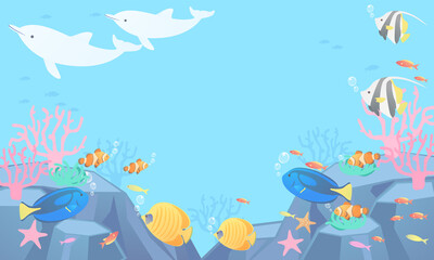 Naklejka na ściany i meble 海中の熱帯魚とイルカのベクターイラスト背景(コピースペース )