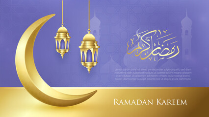 Ramadan Kareem design. Ramadan illustration with golden moon and lantern on white background for Holy month Ramadan celebration. Calligraphy mean Ramadan Kareem