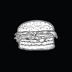 Original vector illustration of Burger with cutlet, tomatoes and greens in vintage style.