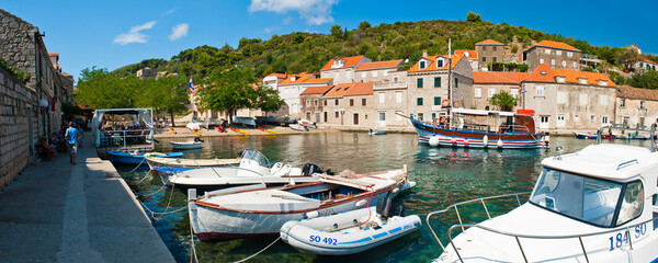 Panoramic photo of boats in the port, Sipan Island (Sipano), Elaphiti Islands, Dalmatian Coast, Croatia - obrazy, fototapety, plakaty