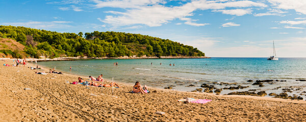 Panoramic photo of Przina Beach (Vela Przina), Lumbarda, Korcula Island, Croatia - obrazy, fototapety, plakaty