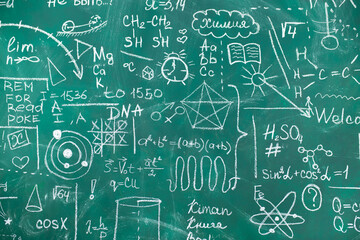 School chalk board is painted with different formulas and signs from the school curriculum. A green blackboard is drawn in chalk as a background. The concept of knowledge and learning. long banner.