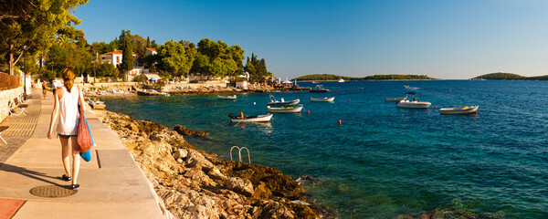 Hvar Island, panoramic photo of a tourist in Dalmatia region of Croatia. - obrazy, fototapety, plakaty