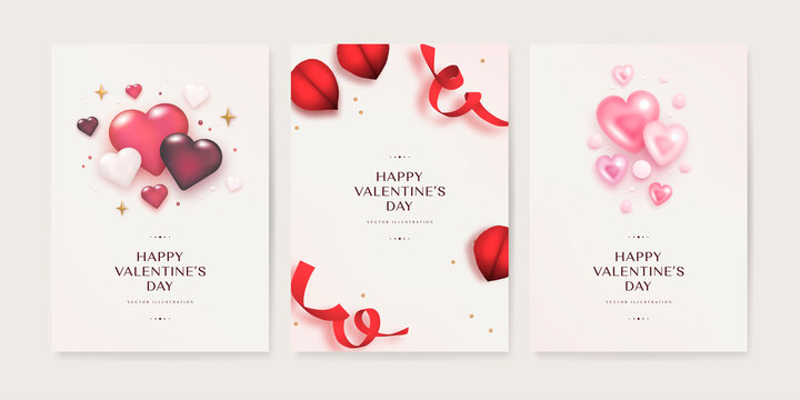 Valentine's day greeting card set with  the decor of red, pink and white hearts and realistic red petals. Festive elegant vertical background. Vector illustration