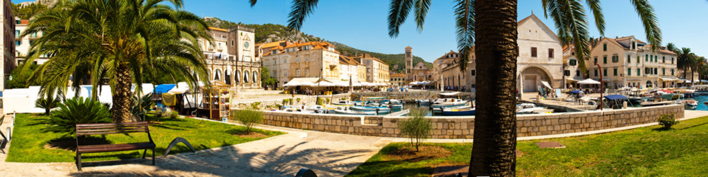 Panoramic photo of St Stephens Cathedral in St Stephens Square, Hvar Town centre, Hvar Island, Croatia