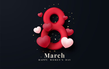 International women's day March 8 with rose red numbers and love balloons.
