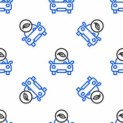 Line Eco car concept drive with leaf icon isolated seamless pattern on white background. Green energy car symbol. Colorful outline concept. Vector