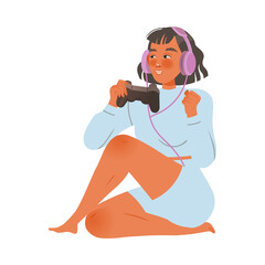 Girl sitting on floor and gaming with game controller and headset cartoon vector illustration