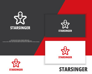 Singer star logo template, microphone silhouette inside red star, emblem for for leading, song contest, event, karaoke party
