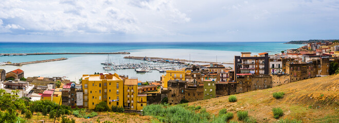 Panoramic photo of the fishing town of Sciacca on the Medieterranean Coast in the Agrigento Province, Sicily, Italy, Europe