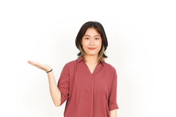 Showing and Presenting Product on Open Palm Of Beautiful Asian Woman Isolated On White Background
