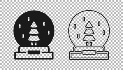 Black Christmas snow globe with fallen snow and christmas tree icon isolated on transparent background. Merry Christmas and Happy New Year. Vector