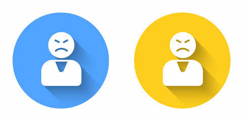 White Angry customer icon isolated with long shadow background. Circle button. Vector