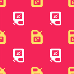 Yellow Bio fuel canister icon isolated seamless pattern on red background. Eco bio and barrel. Green environment and recycle. Vector