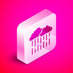 Isometric Cloud with rain icon isolated on pink background. Rain cloud precipitation with rain drops. Silver square button. Vector