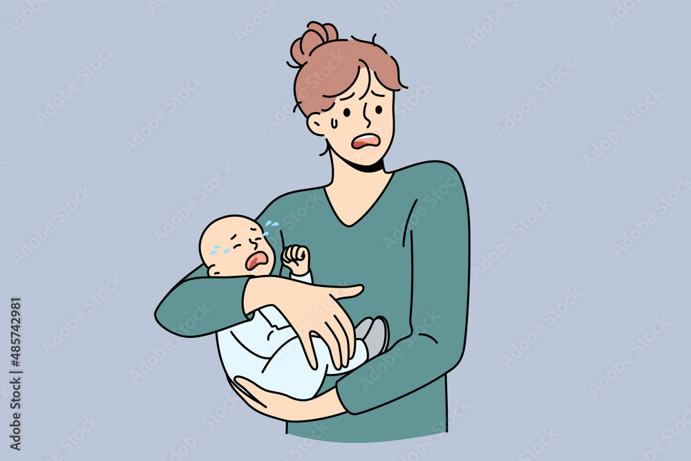 Wall mural Motherhood problems and stress concept. Young stressed woman mother holding her crying infant baby on hands feeling nervous frustrated postpartum depression vector illustration - Wall murals