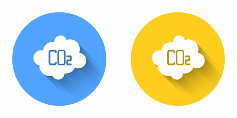 Fototapeta premium White CO2 emissions in cloud icon isolated with long shadow background. Carbon dioxide formula, smog pollution concept, environment concept. Circle button. Vector