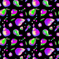 Fototapeta na wymiar Neon pear on black background seamless pattern. Fluorescent fruit, botanical repeat print. Holographic, metaverse pear design.