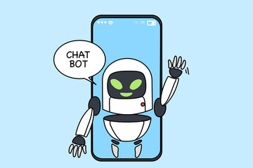 Virtual assistance on app on modern cellphone help customer with problem solution. Chat bot or robotic digital helper communicate with client on smartphone. Technology concept. Vector illustration. 