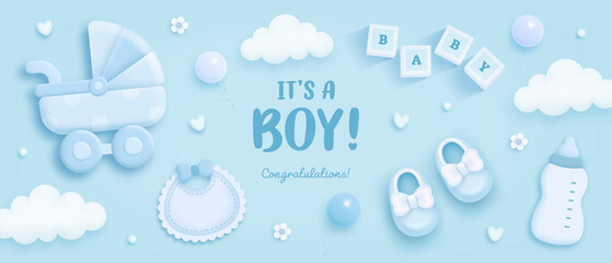 Baby shower horizontal banner with cartoon baby carriage, bib, bottle, helium balloons and clouds on blue background. It's a boy. Vector illustration - obrazy, fototapety, plakaty
