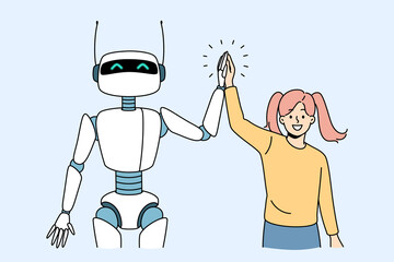Friendship with artificial intelligence concept. Smiling girl standing and shaking hands with white robot bot being friends vector illustration 
