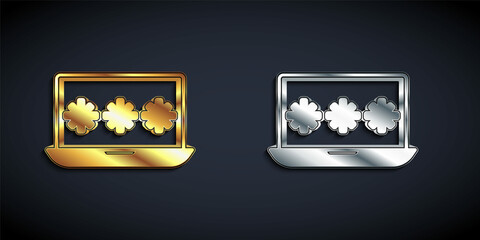 Gold and silver Laptop with password notification icon isolated on black background. Security, personal access, user authorization, login form. Long shadow style. Vector