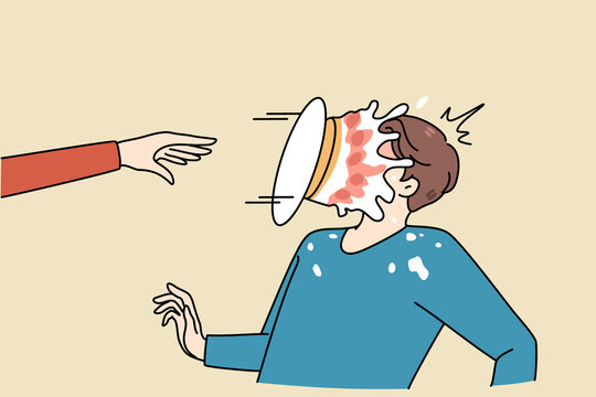 Person Throw Pie In Man Face Make Fun Of Friend Or Colleague. Greeting Or Congratulation With Happy Birthday Prank Or Joke. Laughter And Smile Concept. Flat Vector Illustration. 