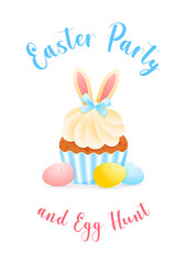 Easter Party and Egg Hunt invitation. Gentle cartoon illustration of cupcake decorated with bunny ears and colorful eggs. Vector 10 EPS.