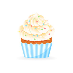 Cartoon cupcake icon. Illustration of sweet muffin decorated with cream and colorful sprinkles. Vector 10 EPS.