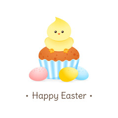 Cute Happy Easter greeting card. Gentle cartoon illustration of colorful chocolate eggs and a cupcake decorated with little chicken. Vector 10 EPS.
