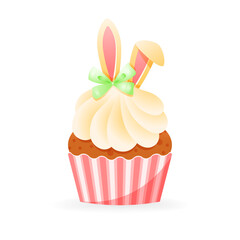Cute Easter cupcake icon. Cartoon illustration of sweet muffin decorated with bunny ears, cream and ribbon. Vector 10 EPS.
