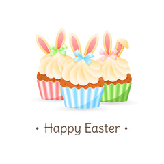 Cute Happy Easter greeting card. Gentle cartoon illustration of three cupcakes decorated with cream, bunny ears and ribbons. Vector 10 EPS.