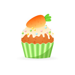 Cute Easter cupcake icon. Cartoon illustration of sweet muffin decorated with glaze, colorful sprinkles and marzipan carrot. Vector 10 EPS.