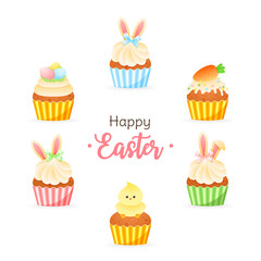 Cute Happy Easter greeting card. Collection of cartoon illustrations of six cupcakes decorated with glaze, chicken of cream, bunny ears, chocolate eggs, marzipan carrots and colorful sprinkles.