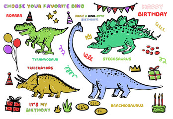 Fototapeta premium Cute dinosaur birhday doodle dino babyparty bundle. Funny Dino collection. Textile nursery design for baby boy on white background. Cartoon monster vector illustration.