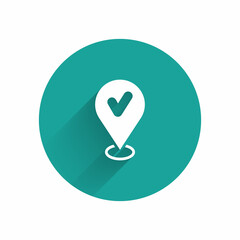 White Map pin with check mark icon isolated with long shadow. Navigation, pointer, location, map, gps, direction, place, compass, search concept. Green circle button. Vector