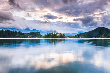 Sunrise Slovenia landscape. Lake Bled Church on the Island and Bled Castle, Gorenjska, Slovenia, Europe