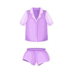 Lilac pajama with shirt and shorts, sleepwear for women. Textile night clothes cartoon vector illustration