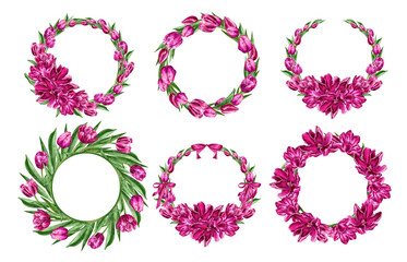 Set of round wreaths frames with red tulips