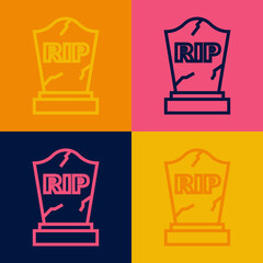 Pop art line Tombstone with RIP written on it icon isolated on color background. Grave icon. Happy Halloween party. Vector