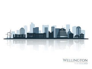 Naklejka premium Wellington skyline silhouette with reflection. Landscape Wellington, New Zealand. Vector illustration.