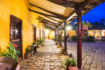 Fototapeta premium Courtyard at the Inca Hacienda San Agustin de Callo, luxury boutique hotel near Cotopaxi National Park, Ecuador, South America
